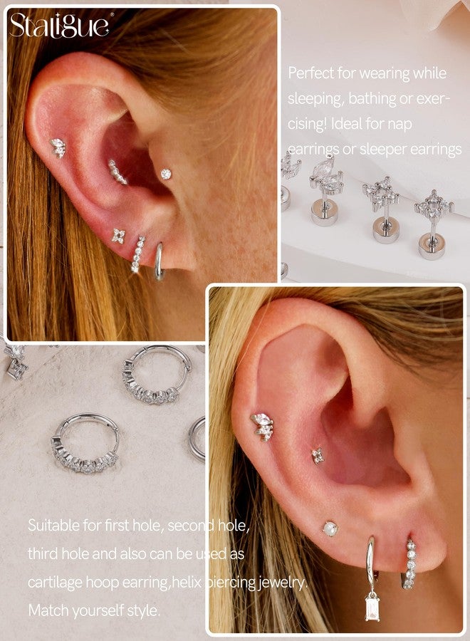 Staligue أقراط ستاليج المضادة للحساسية ذات الظهر المسطح للأذنين الحساسة، أقراط عصرية من الفولاذ الجراحي للنساء والرجال، أطقم أقراط غضروفية صغيرة ذات ظهر مسطح لثقوب متعددة، أقراط حلقية ذات ظهر مسطح قابلة للتكديس - Image 4